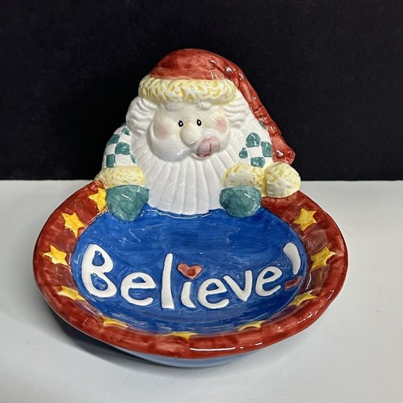 House of Lloyd Ceramic Santa Claus Candy Trinket Dish BELIEVE Christmas Colorful - Picture 1 of 11